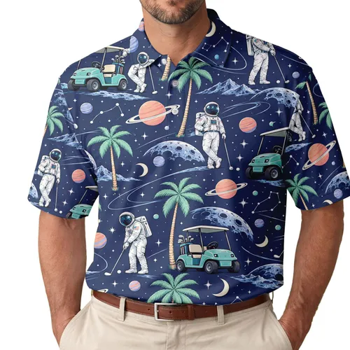Astronaut Golf Adventure Under Palm Trees for Summer Fairways and Space-Loving Players Men's Polo Shirt