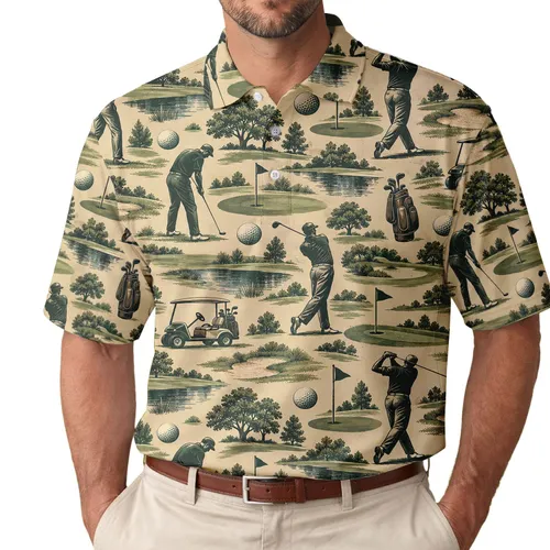 Vintage Golfers, Carts and Greens for Summer Country Club Outings and Golf Lovers Men's Polo Shirt
