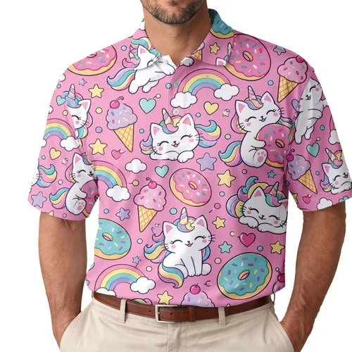 Pink Unicorn Cats, Donuts and Rainbows for Playful Golf Days, Kawaii Fans and Friends Men's Polo Shirt
