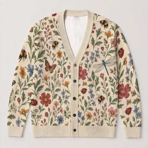 Botanical Wildflower And Insect Motifs For Everyday Layering, Cottagecore Style Women All-over Print Knitted Cardigan