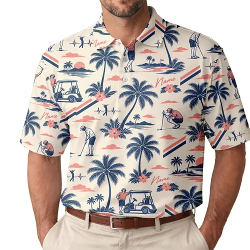 Tropical Stick Figure Golf Palm Scene for Summer Country Club Outings for Women Men's Polo Shirt