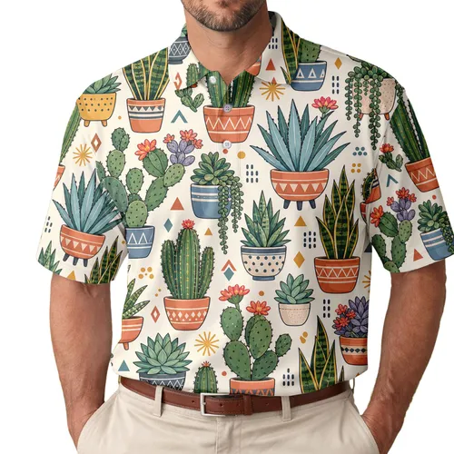 Colorful Cactus Garden Motifs for Golf Days and Plant Lovers, Unisex Desert Gift Idea Men's Polo Shirt