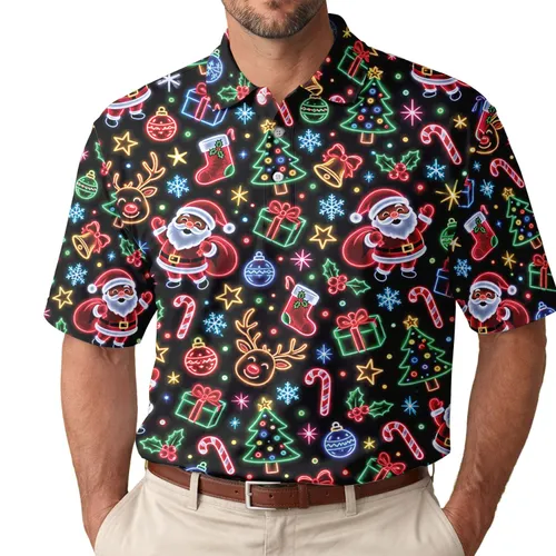 Neon Christmas Lights and Santa Festive Winter Holiday Party Style for Men and Women Men's Polo Shirt