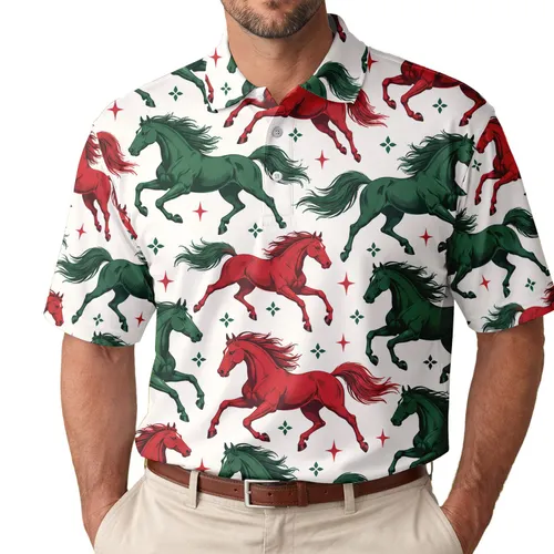 Red Green Galloping Horses for Christmas Holidays, Equestrian Fans, and Golf Lovers Men's Polo Shirt
