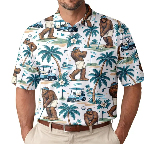 Bigfoot Tropical Golf Adventure for Summer Fairways and Outdoor Fun, Gift for Golfers Men's Polo Shirt
