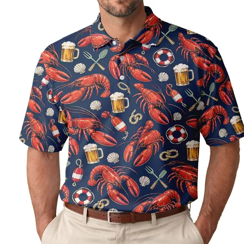 Lobster Beer Coastal Party Motif For Summer Vacations, Fishing Trips, Men And Women Men's Polo Shirt