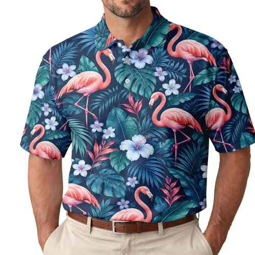 Pink Flamingo Tropical Garden Birds for Summer Golf, Beach Days, and Vacation Trips Men's Polo Shirt