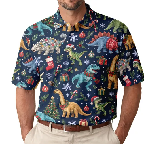 Christmas Dinosaur Holiday Celebration Gift for Men Women and Dinosaur Lovers Golf Fans Men's Polo Shirt