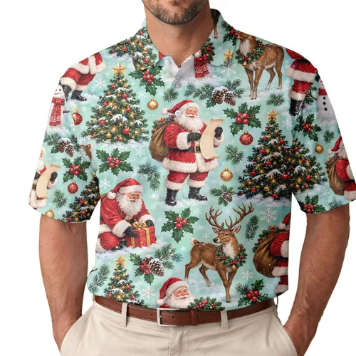 Santa Claus Holiday Reindeer Snowman Christmas Cheer for Festive Golf Outings and Parties Men's Polo Shirt