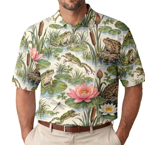 Whimsical Frog Pond Scene for Golf Days and Summer Outings, Gifts for Men and Women Men's Polo Shirt