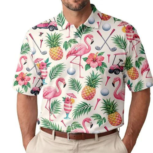 Flamingo Pineapple Golf Getaway for Summer Vacations and Sunny Resort Weekend Days Men's Polo Shirt