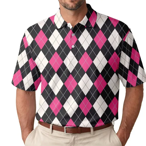 Pink Black Argyle Diamonds for Vintage Golf Style and Preppy Summer Outfits Unisex Men's Polo Shirt