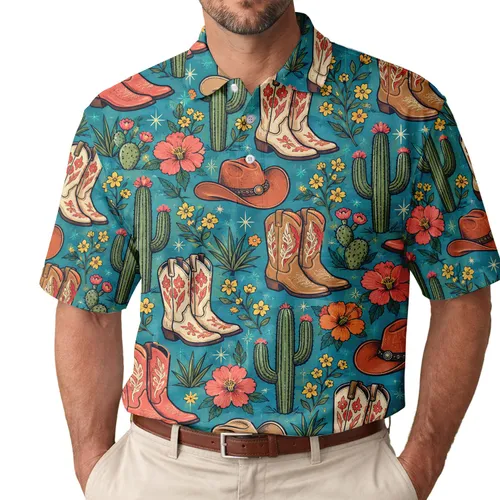 Western Cowgirl Boots and Cactus Rodeo Motif for Golf and Country Club Style Lovers Men's Polo Shirt