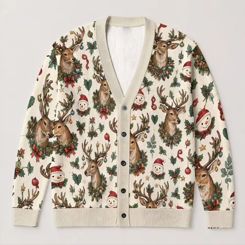Festive Elk and Reindeer Holiday Motifs for Cozy Christmas Layering and Gatherings All-over Print Knitted Cardigan