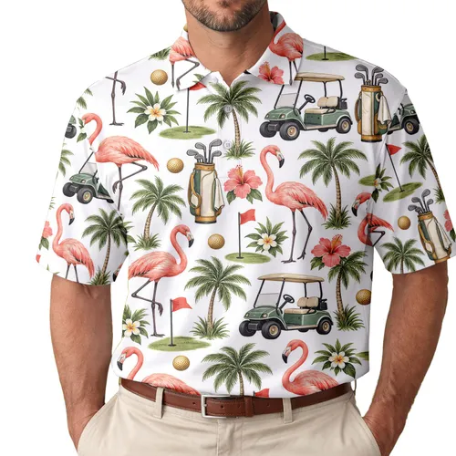 Pink Flamingo Golf Scene For Tropical Summer Outings, Leisure, And Resort Style Men's Polo Shirt