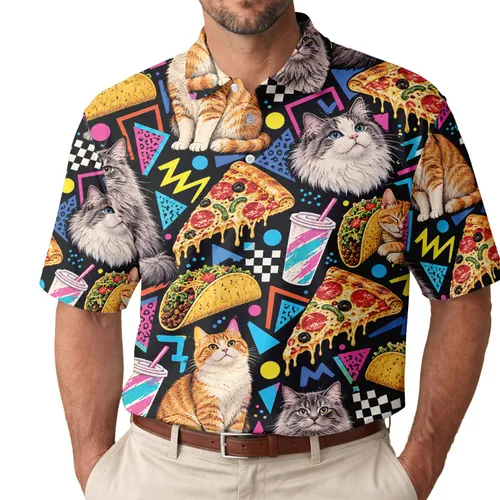 Funny Cat Pizza Taco Retro Foodie Party Gift for Golf Lovers Men Women and Friends Men's Polo Shirt