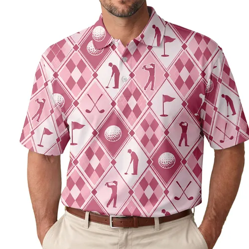 Pink Argyle Golf Motifs for Country Club Days and Weekend Fairways, Women and Men Men's Polo Shirt