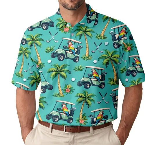 Tropical Parrot Golf Cart Scene for Summer Vacations and Resort Fairways Men's Polo Shirt
