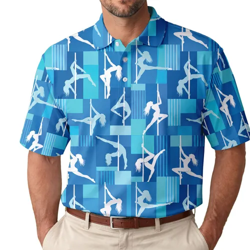 Blue Pole Dance Silhouettes for Studio Training and Dance Fans, Active Men and Women Men's Polo Shirt