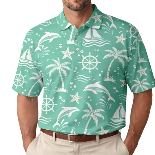 Mint Green Nautical Sailboats and Dolphins for Tropical Ocean Vacations by the Sea Men's Polo Shirt
