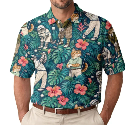 Tropical Cat Golfers with Hibiscus Leaves for Summer Fairways and Golf-Loving Fans Men's Polo Shirt