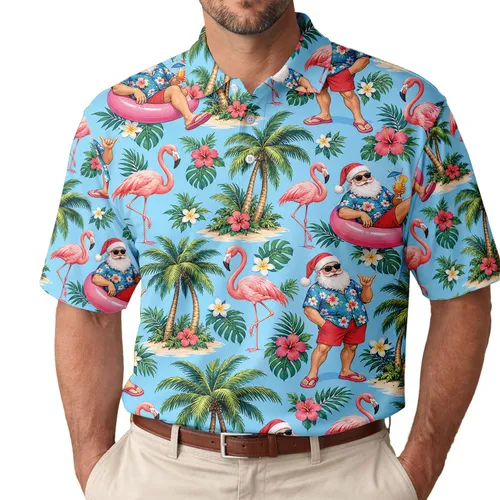 Santa Claus Flamingos And Palms For Christmas In July Tropical Beach Celebrations Men's Polo Shirt