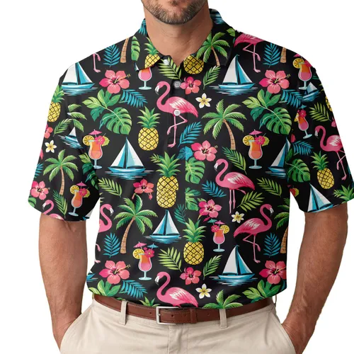 Flamingo Tropical Cocktail Sailboat Beach Escape Style For Men Women Summer Getaway Men's Polo Shirt