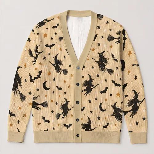 Black Witch, Bats And Crescent Moons For Halloween Autumn Layering Women’s Weekend Style All-over Print Knitted Cardigan