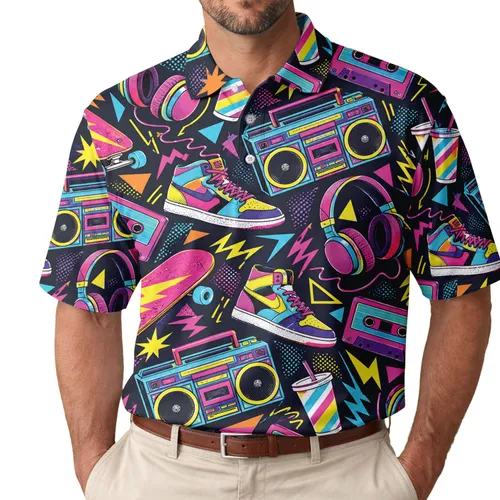 Neon Cassette Skateboard Headphones Retro 80s Party Gift for Men Women Music Fans Men's Polo Shirt