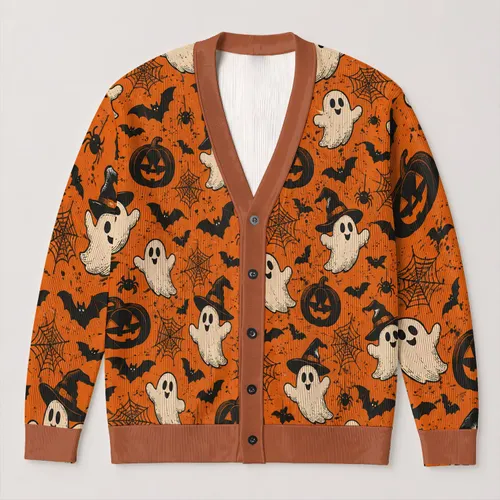 Halloween Pumpkin Ghost Bat Jack-O-Lanterns For Festive Autumn Layering Women’s Casual All-over Print Knitted Cardigan