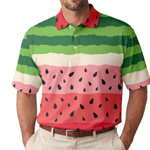 Watermelon Stripe Fruit Style for Tropical Vacations, Beach Days and Summer Golf Men's Polo Shirt