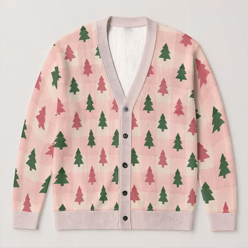 Pink and Green Christmas Tree Motifs for Festive Holiday Layering and Seasonal Gifting All-over Print Knitted Cardigan