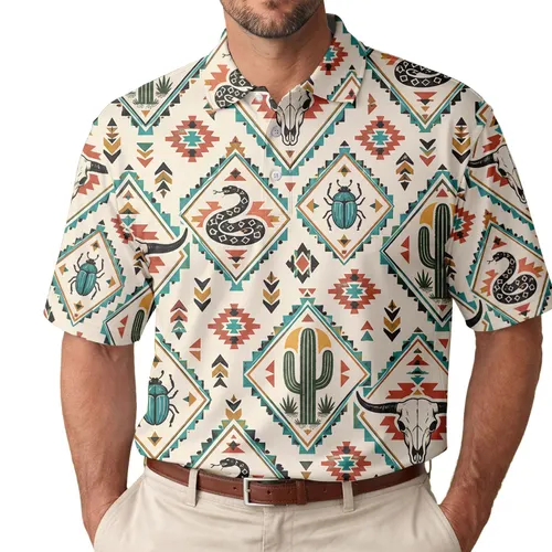 Southwestern Cactus Skull Aztec Motifs for Desert Cowboy Travel and Western Gifts Men's Polo Shirt