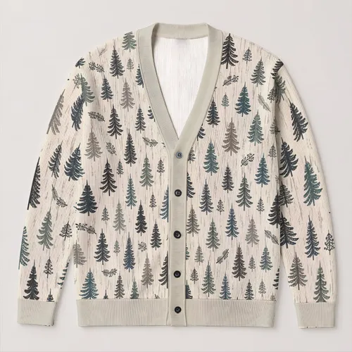 Evergreen Woodland Trees for Cozy Everyday Layering and Relaxed Weekend Cabin Style All-over Print Knitted Cardigan