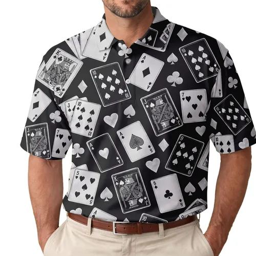 Black and White Poker Card Icons for Casino Nights and Game Room Style for Adults Men's Polo Shirt