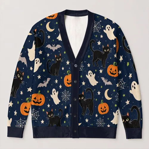 Black Cat Pumpkin Halloween Night Scene For Cozy Autumn Layering And Festive Outings All-over Print Knitted Cardigan