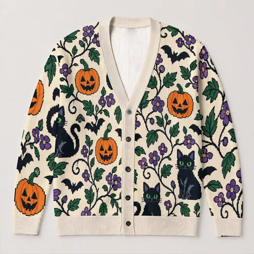 Black Cat Pumpkin Halloween Night Motif For Autumn Layering And Festive Gatherings All-over Print Knitted Cardigan