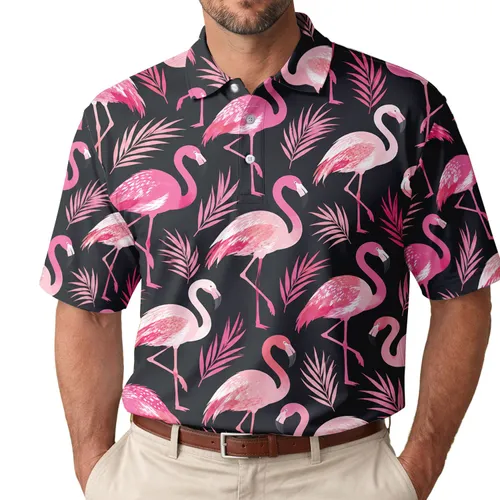 Pink Flamingo Tropical Style for Fun Summer Outfits, Beach Trips and Resort Wear Men's Polo Shirt