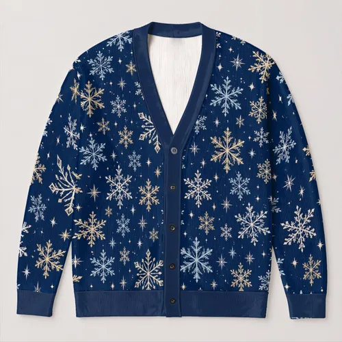 Navy Snowflake Motif for Cozy Winter Layering and Festive Everyday Style for Women All-over Print Knitted Cardigan