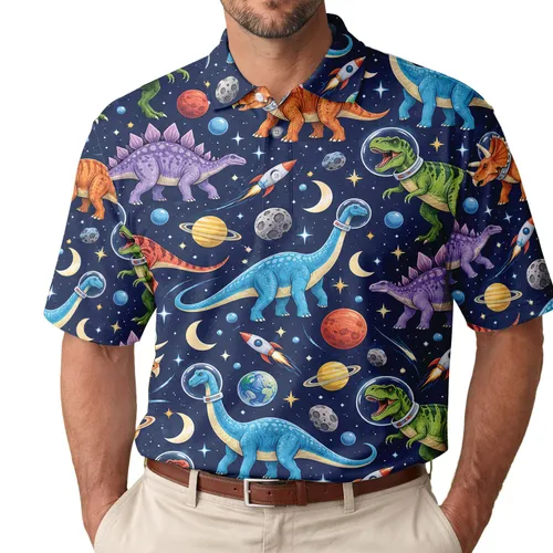 Space Dinosaur Adventure for Golf Days and Cosmic Parties, Fun Unisex Gift Outfit Men's Polo Shirt