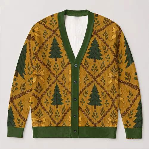 Golden Bow and Evergreen Tree Motifs for Festive Holiday Layering, Women's Autumn Style All-over Print Knitted Cardigan