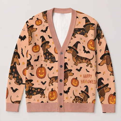 Halloween Dachshunds and Jack-o'-Lanterns for Cozy Autumn Celebrations All-over Print Knitted Cardigan