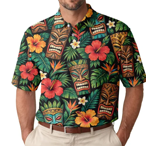 Colorful Tiki Mask Tropical Flowers Hawaiian Style Luau Getaways and Golf Days, Men Women Men's Polo Shirt