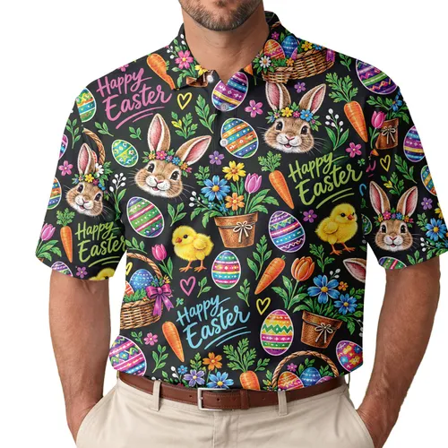 Neon Easter Bunnies and Eggs for Spring Celebrations, Happy Holiday Style for Women Men's Polo Shirt