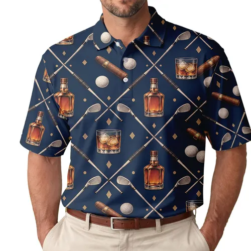 Whiskey Cigar And Golf Motifs For Bourbon Gifts, Fairway Leisure And Weekend Men Men's Polo Shirt