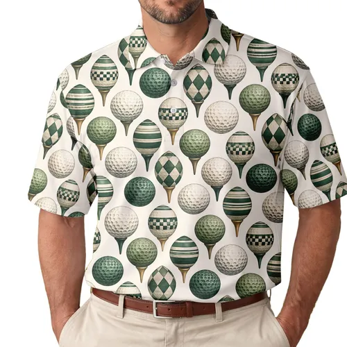 Green Golf Ball Motif for Country Club Days, Summer Fairways, and Weekend Rounds Men's Polo Shirt