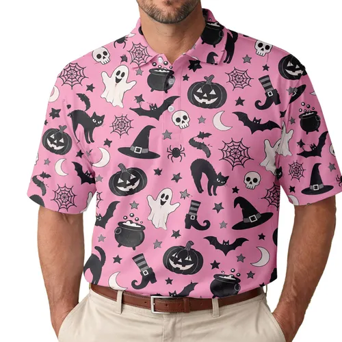 Halloween Witch Hats and Black Cat Motifs for Spooky October Parties and Nighttime Fun Men's Polo Shirt