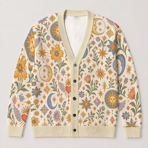 Celestial Moon Floral Motifs for Bohemian Everyday Layering and Relaxed Weekend Wear All-over Print Knitted Cardigan