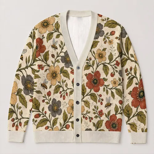 Botanical Bee Floral Meadow Garden Style for Everyday Layering and Weekend Outings All-over Print Knitted Cardigan