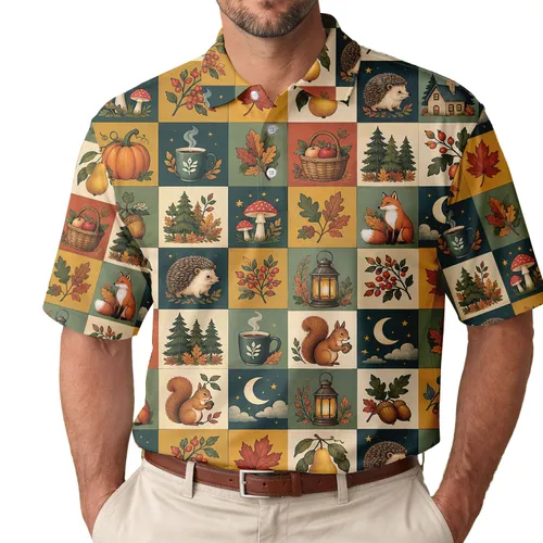 Autumn Woodland Animals, Pumpkins And Mushrooms For Cozy Fall Cabin Days Outdoors Men's Polo Shirt